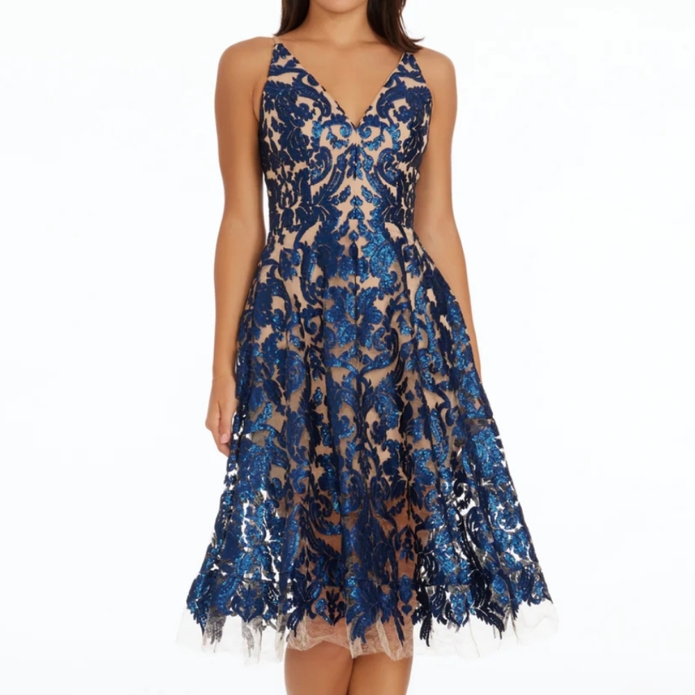 Dress the Population Blue Lace Midi Dress